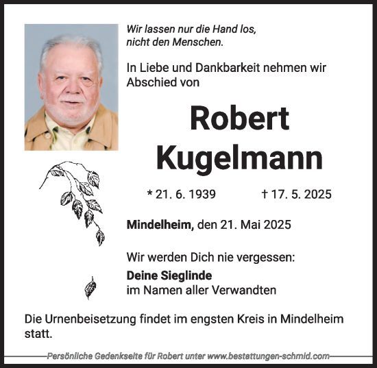 Traueranzeige von Robert Kugelmann von Mindelheimer Zeitung