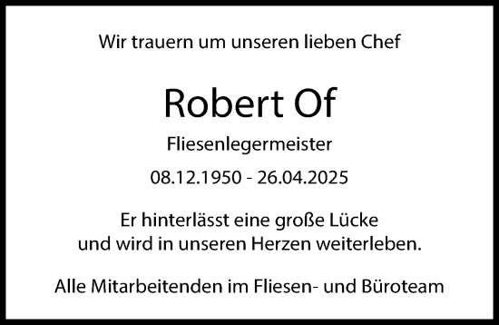 Traueranzeige von Robert Of von Neu-Ulmer Zeitung, Augsburger Allgemeine