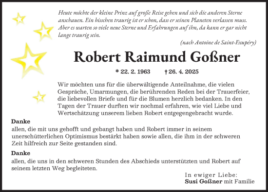 Traueranzeige von Robert Raimund Goßner von Augsburger Allgemeine, Friedberger Allgemeine