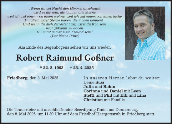 Traueranzeige von Robert Raimund Goßner von Friedberger Allgemeine, Augsburger Allgemeine