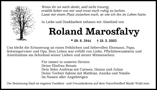 Traueranzeige von Roland Marosfalvy von Schwabmünchner Allgemeine