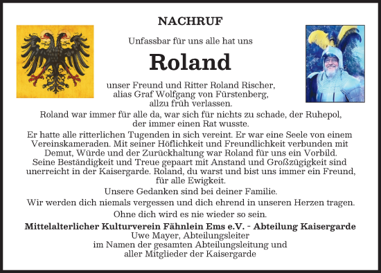 Traueranzeige von Roland Rischer von Mindelheimer Zeitung
