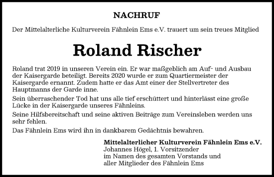Traueranzeige von Roland Rischer von Mindelheimer Zeitung