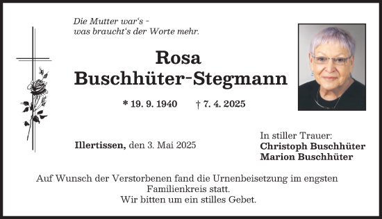 Traueranzeige von Rosa Buschhüter-Stegmann von Illertisser Zeitung, Mittelschwäbische Nachrichten