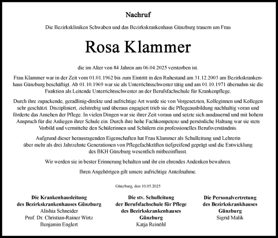 Traueranzeige von Rosa Klammer von Günzburger Zeitung
