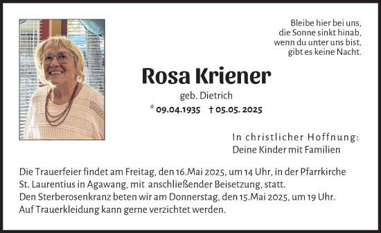 Traueranzeige von Rosa Kriener von Augsburg-Land