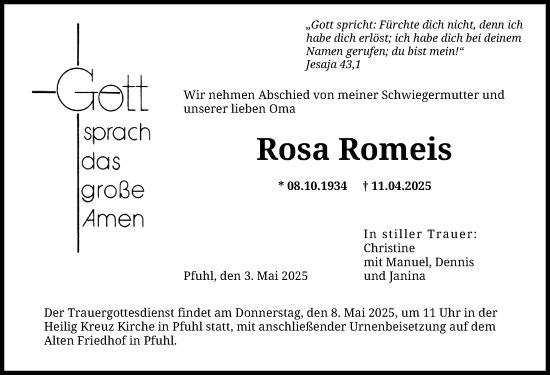 Traueranzeige von Rosa Romeis von Neu-Ulmer Zeitung