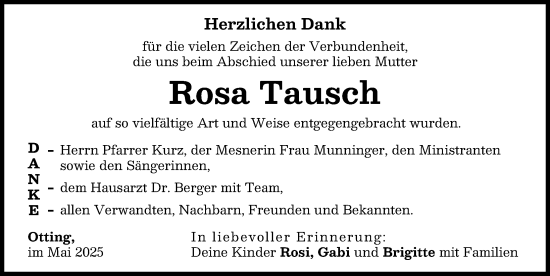 Traueranzeige von Rosa Tausch von Donauwörther Zeitung
