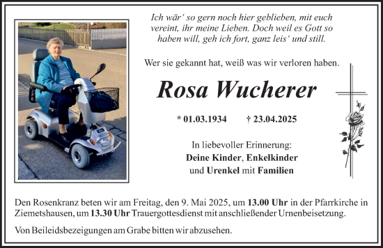 Traueranzeige von Rosa Wucherer von Mittelschwäbische Nachrichten