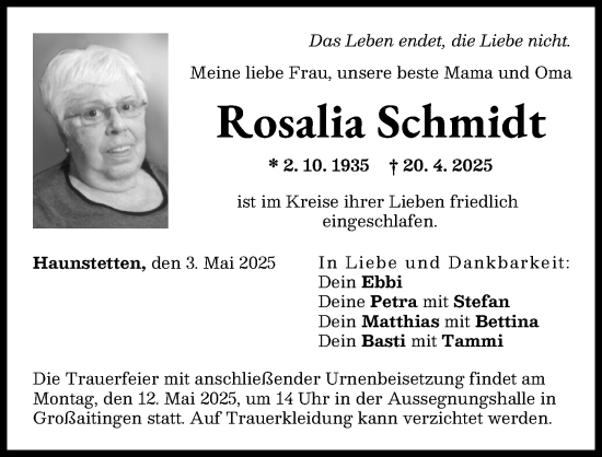 Traueranzeige von Rosalia Schmidt von Schwabmünchner Allgemeine