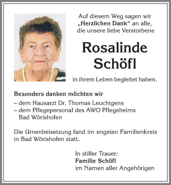 Traueranzeige von Rosalinde Schöfl von Mindelheimer Zeitung