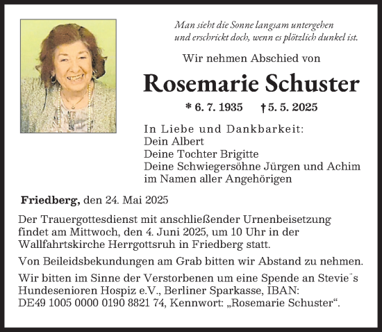 Traueranzeige von Rosemarie Schuster von Augsburger Allgemeine, Friedberger Allgemeine