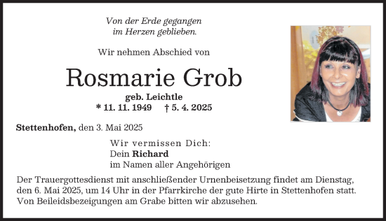 Traueranzeige von Rosmarie Grob von Wertinger Zeitung, Augsburg-Land