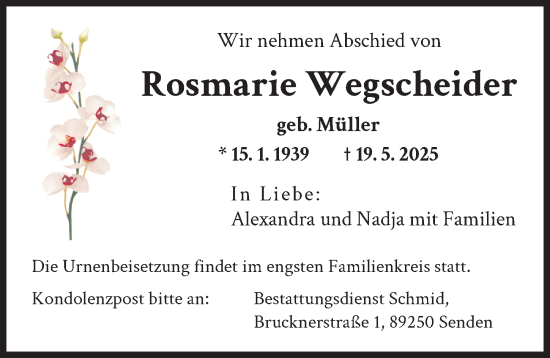 Traueranzeige von Rosmarie Wegscheider von Neu-Ulmer Zeitung, Augsburger Allgemeine