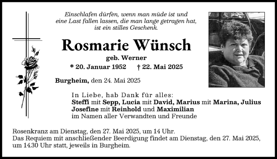 Traueranzeige von Rosmarie Wünsch von Neuburger Rundschau, Donauwörther Zeitung