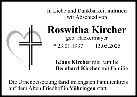 Traueranzeige von Roswitha Kircher von Illertisser Zeitung