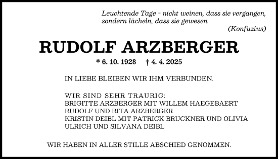 Traueranzeige von Rudolf Arzberger von Augsburger Allgemeine