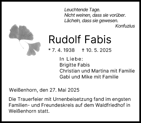 Traueranzeige von Rudolf Fabis von Neu-Ulmer Zeitung