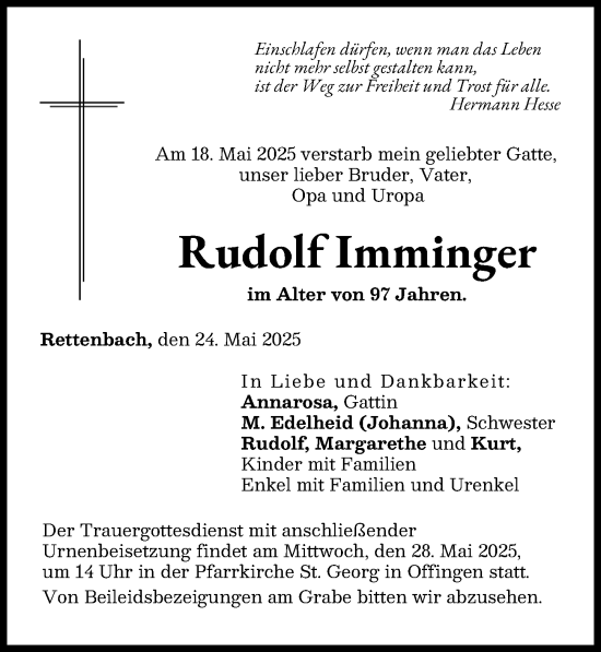 Traueranzeige von Rudolf Imminger von Günzburger Zeitung