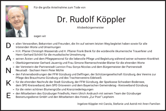 Traueranzeige von Rudolf Köppler von Günzburger Zeitung