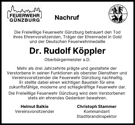 Traueranzeige von Rudolf Köppler von Günzburger Zeitung