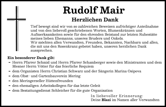 Traueranzeige von Rudolf Mair von Friedberger Allgemeine