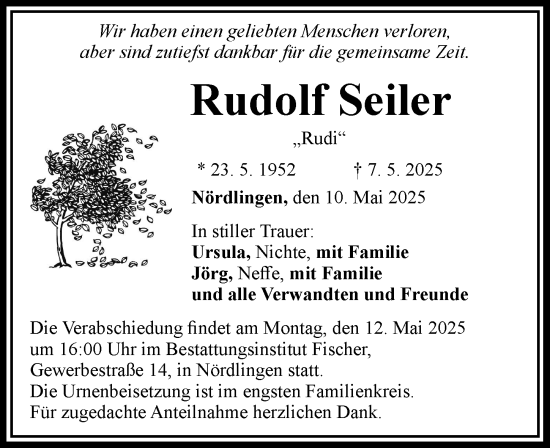 Traueranzeige von Rudolf Seiler von Rieser Nachrichten