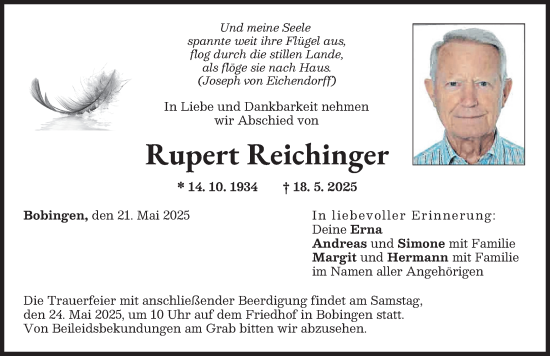 Traueranzeige von Rupert Reichinger von Schwabmünchner Allgemeine