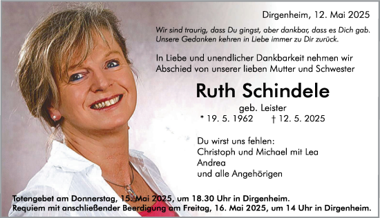 Traueranzeige von Ruth Schindele von Rieser Nachrichten