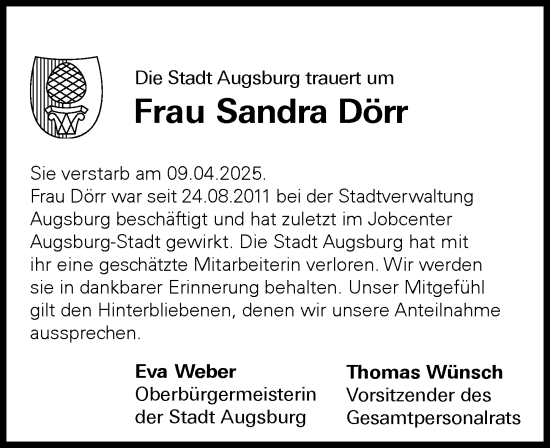 Traueranzeige von Sandra Dörr von Augsburger Allgemeine