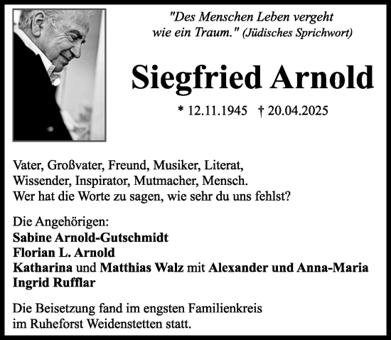 Traueranzeige von Siegfried Arnold von Neu-Ulmer Zeitung