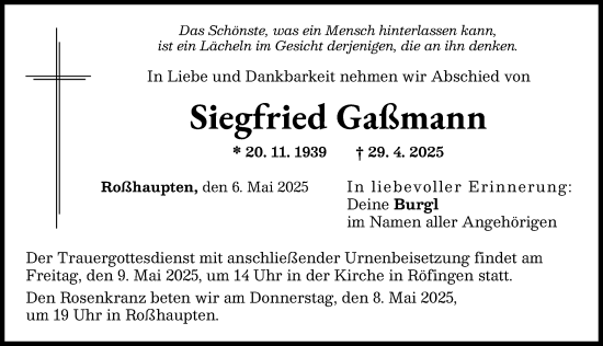 Traueranzeige von Siegfried Gaßmann von Günzburger Zeitung