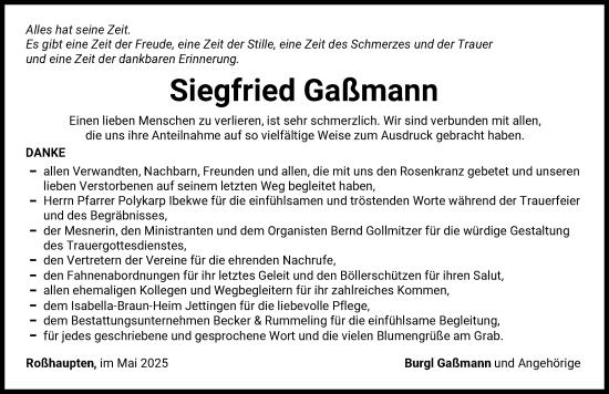 Traueranzeige von Siegfried Gaßmann von Günzburger Zeitung