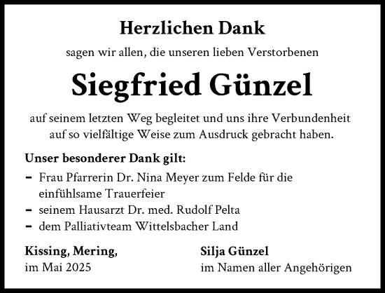 Traueranzeige von Siegfried Günzel von Friedberger Allgemeine
