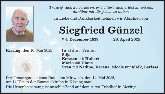 Traueranzeige von Siegfried Günzel von Friedberger Allgemeine