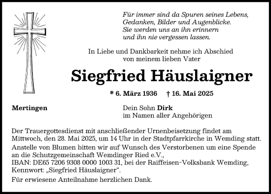 Traueranzeige von Siegfried Häuslaigner von Donauwörther Zeitung