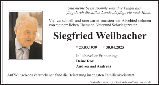 Traueranzeige von Siegfried Weilbacher von Mittelschwäbische Nachrichten