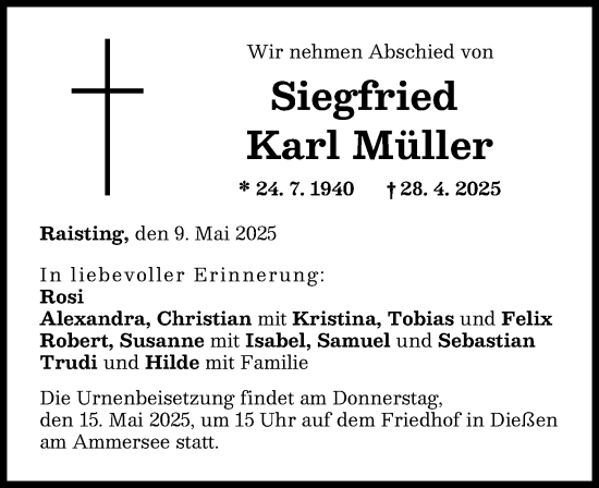 Traueranzeige von Siegfried Karl Müller von Ammersee Kurier