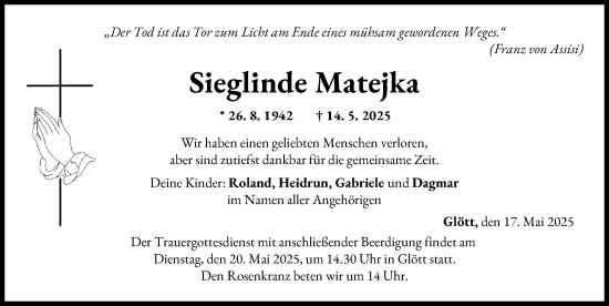 Traueranzeige von Sieglinde Matejka von Donau Zeitung