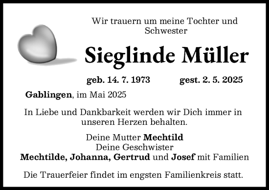 Traueranzeige von Sieglinde Müller von Augsburg-Land