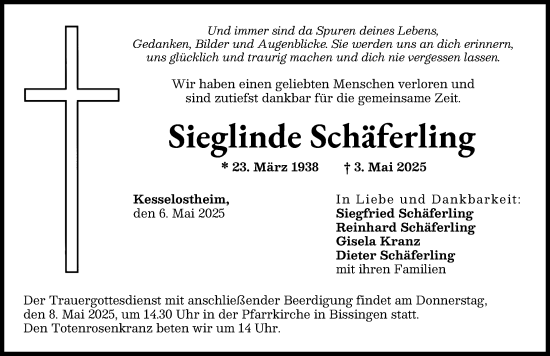 Traueranzeige von Sieglinde Schäferling von Donau Zeitung