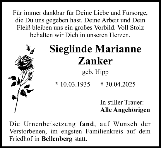 Traueranzeige von Sieglinde Marianne Zanker von Illertisser Zeitung