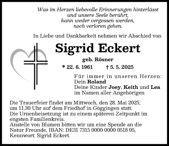 Traueranzeige von Sigrid Eckert von Augsburger Allgemeine