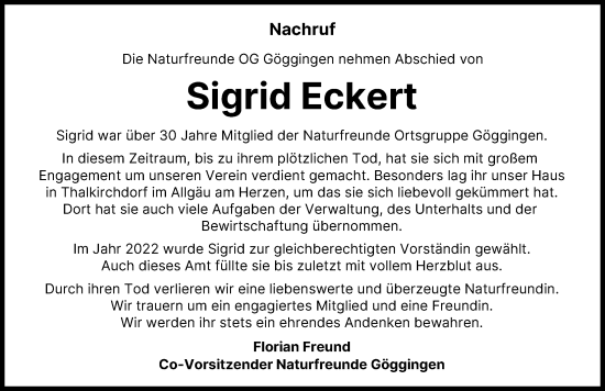 Traueranzeige von Sigrid Eckert von Augsburger Allgemeine