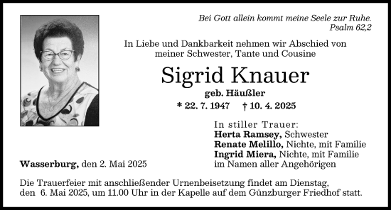 Traueranzeige von Sigrid Knauer von Günzburger Zeitung