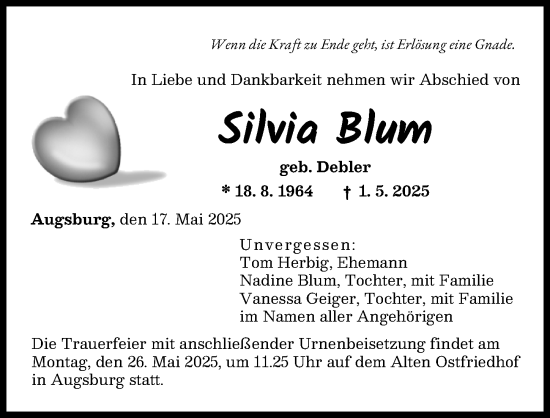 Traueranzeige von Silvia Blum von Augsburger Allgemeine