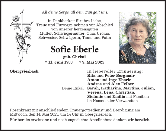 Traueranzeige von Sofie Eberle von Aichacher Nachrichten