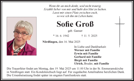 Traueranzeige von Sofie Groß von Rieser Nachrichten