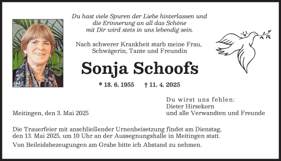 Traueranzeige von Sonja Schoofs von Augsburger Allgemeine