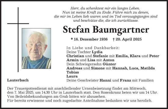 Traueranzeige von Stefan Baumgartner von Wertinger Zeitung
